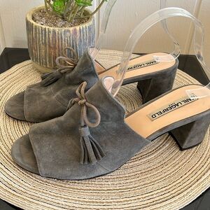 Karl Lagerfeld Holly Tassle Block Heel Suede Mule Sz. 10 Paris leather gray
